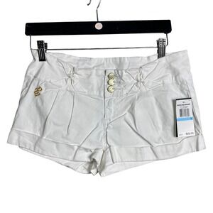 Rocawear White Cuffed Denim Shorts Womens Size 5 Embroidered Logo Button Fly